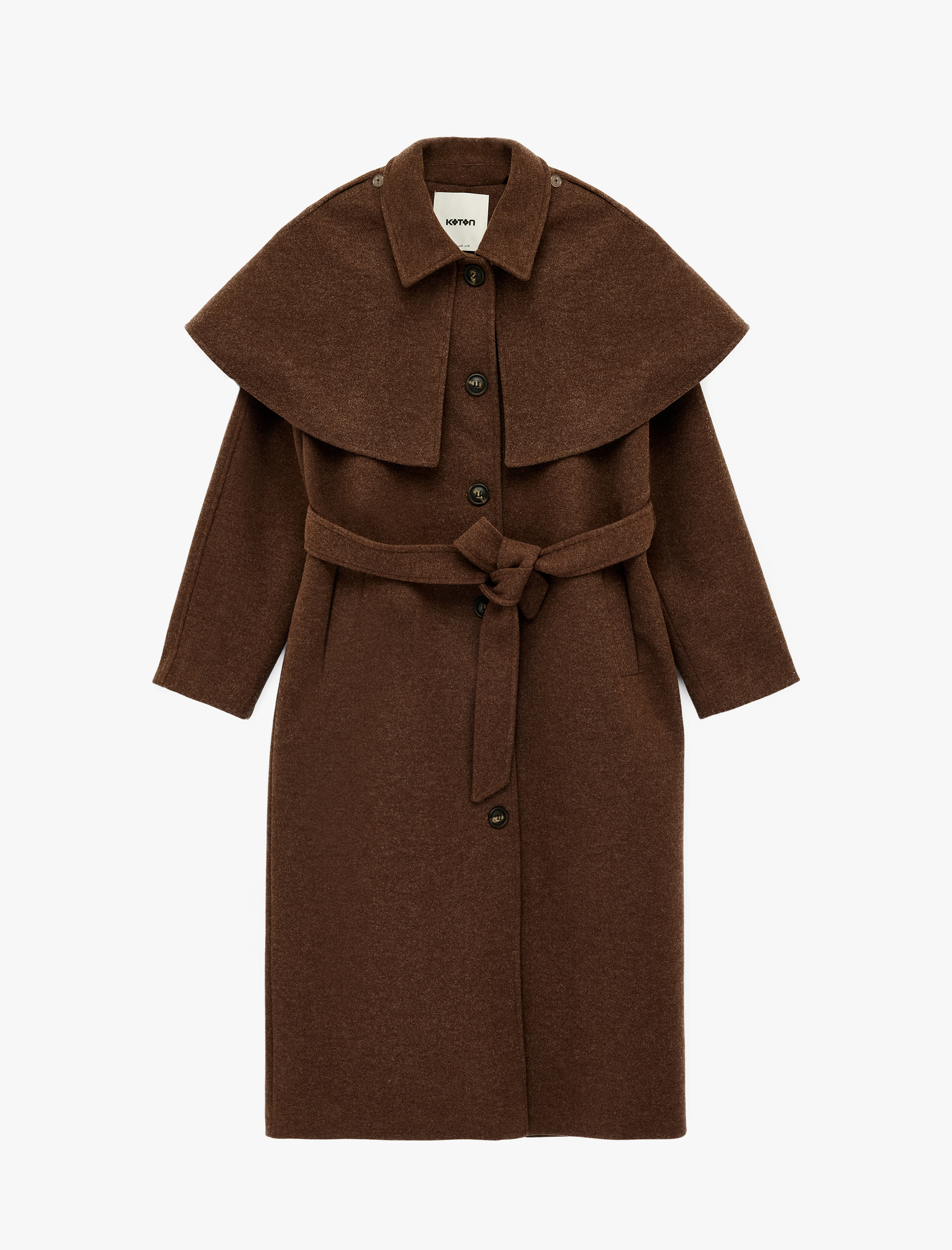   Regular Fit Uzun Kollu Cepli Çıkarılabilir Pelerinli Kemerli Uzun Kaşe Kaban