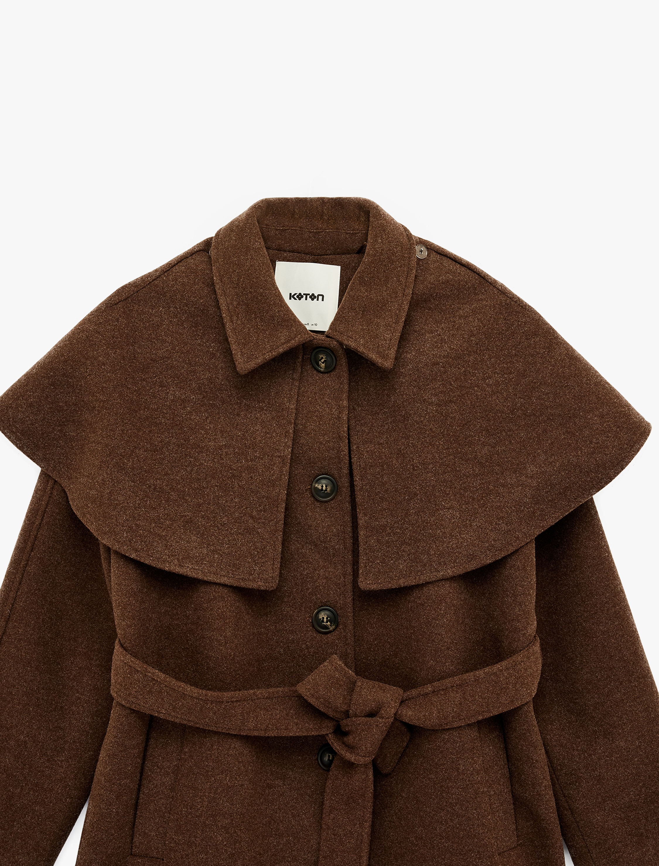   Regular Fit Uzun Kollu Cepli Çıkarılabilir Pelerinli Kemerli Uzun Kaşe Kaban