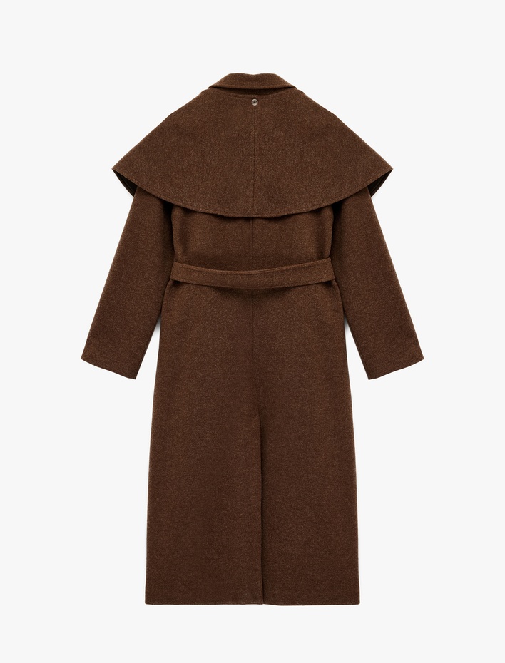  Regular Fit Uzun Kollu Cepli Çıkarılabilir Pelerinli Kemerli Uzun Kaşe Kaban