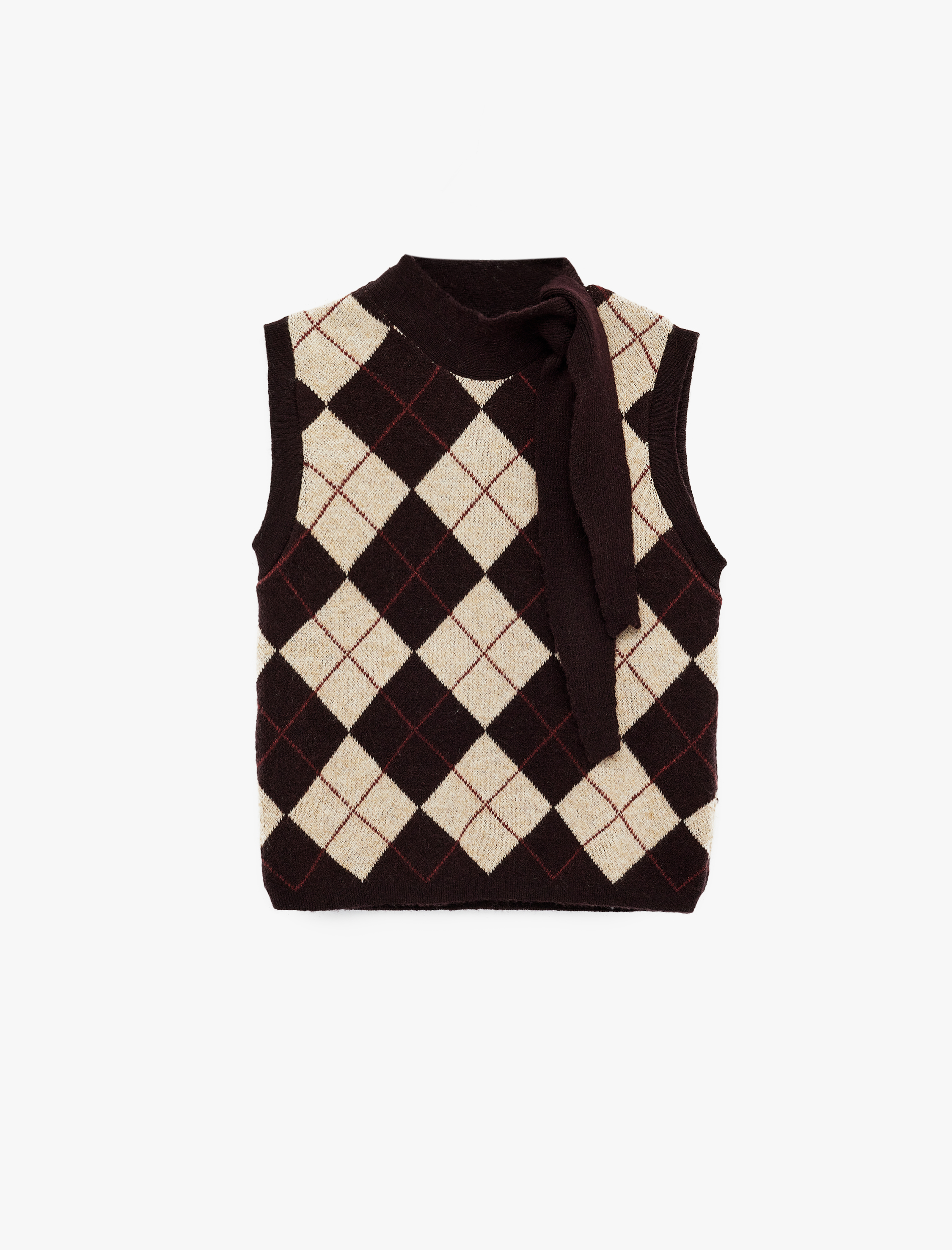   Bağlama Detaylı Hafif Dik Yaka Baklava Desenli Süveter