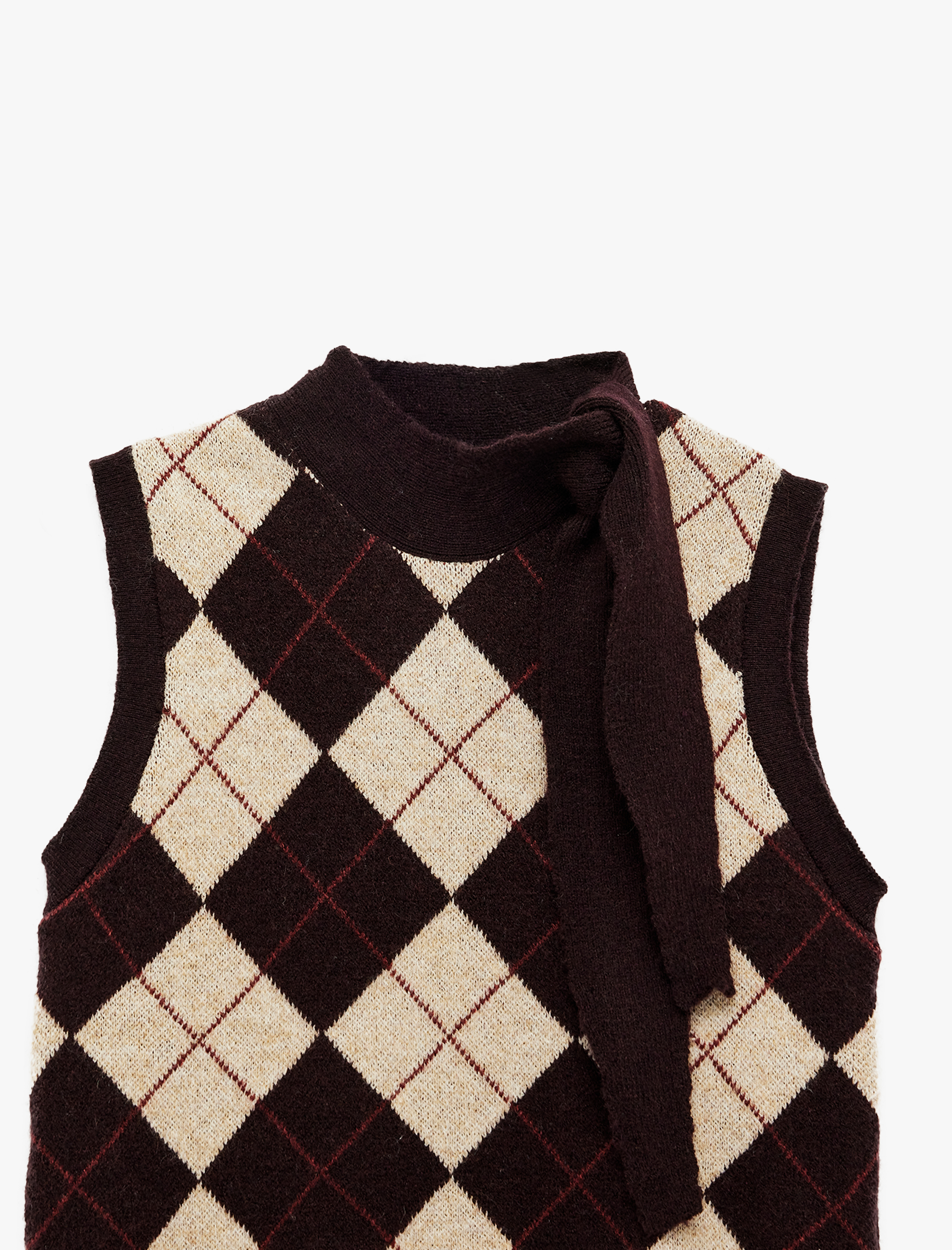   Bağlama Detaylı Hafif Dik Yaka Baklava Desenli Süveter