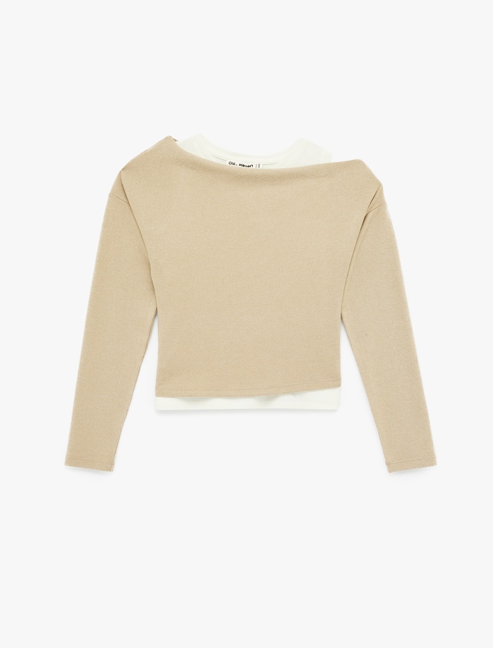  Slim Fit Renk Kontrastlı Asimetrik Çift Yaka Uzun Kollu Tişört