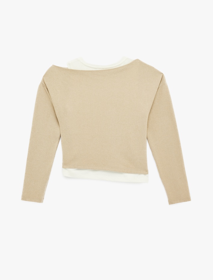  Slim Fit Renk Kontrastlı Asimetrik Çift Yaka Uzun Kollu Tişört