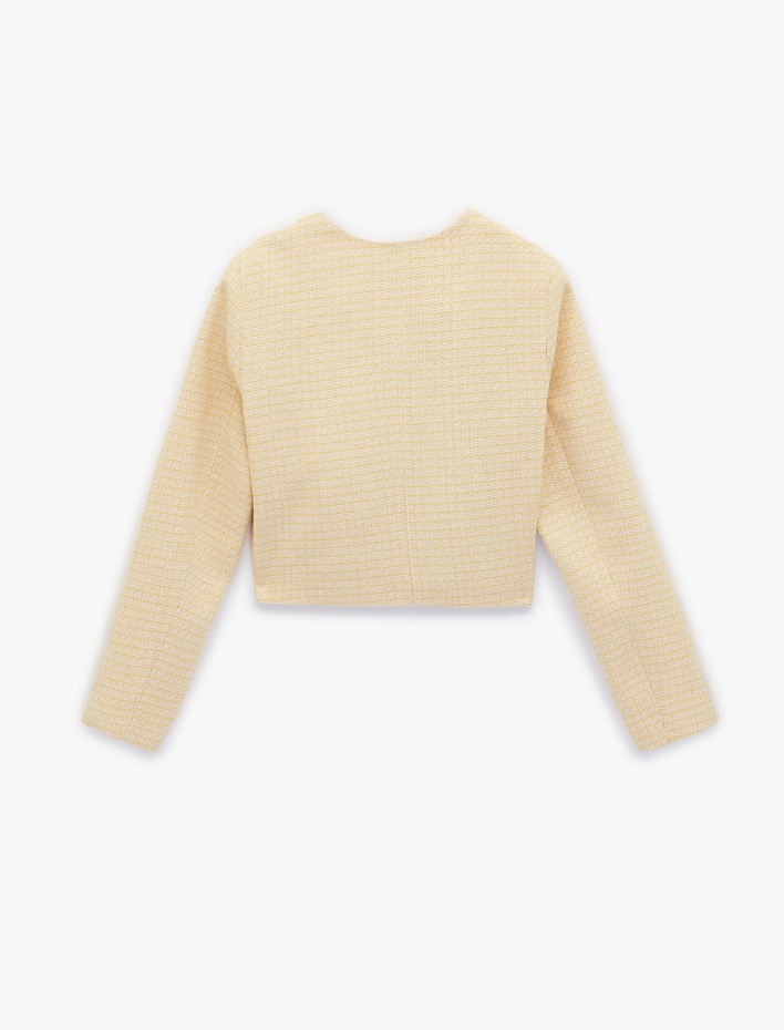  Uzun Kollu Bisiklet Yaka Cep Detaylı Taşlı Düğmeli Kareli Ceket