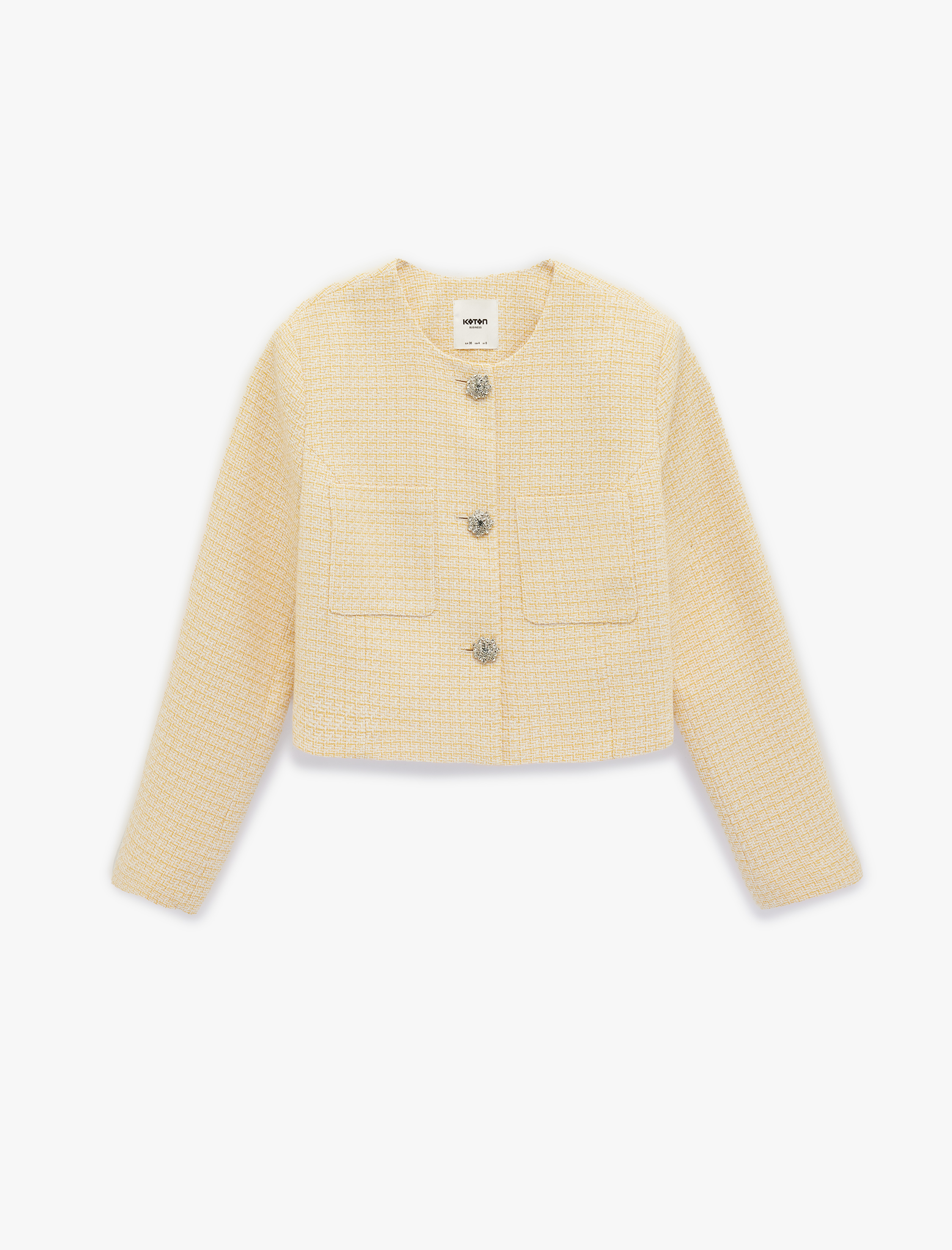   Uzun Kollu Bisiklet Yaka Cep Detaylı Taşlı Düğmeli Kareli Ceket