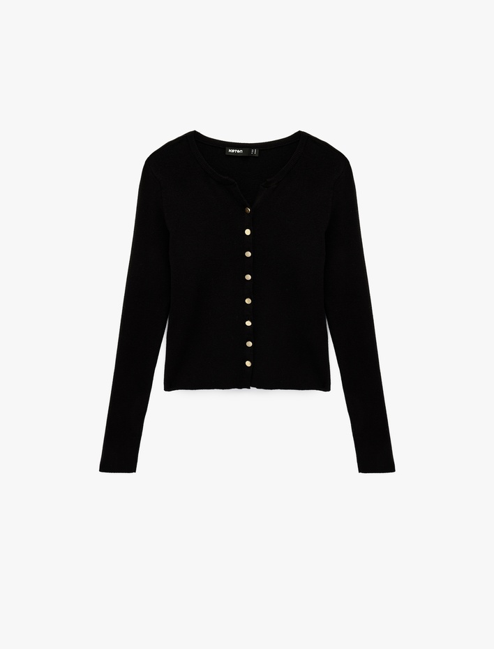  Düğmeli Uzun Kollu Bisiklet Yaka Triko Hırka