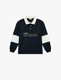 Pamuklu Uzun Kollu Baskılı Oversize Polo Yaka Sweatshirt