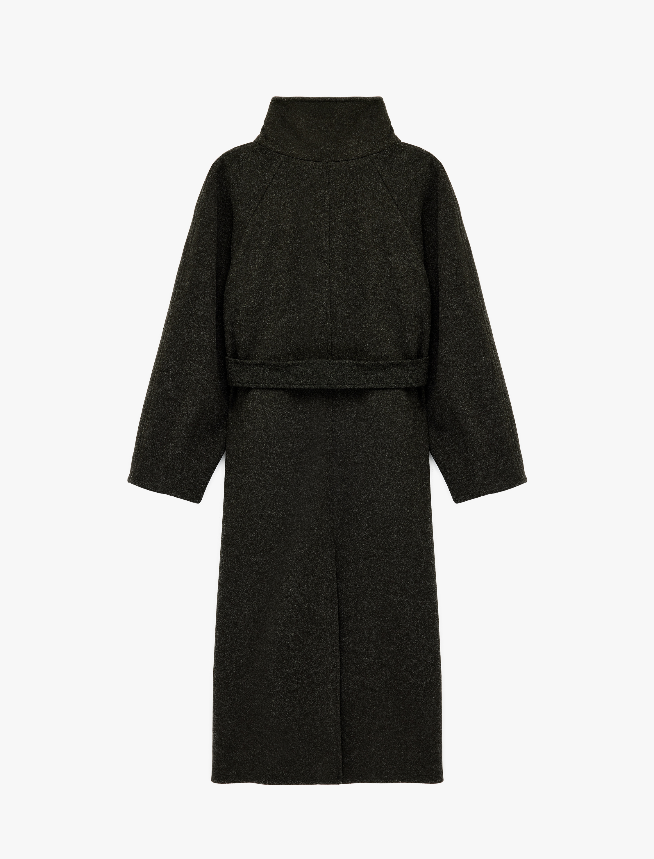   Uzun Kollu Cepli Kruvaze Dik Yaka Kemerli Uzun Kaşe Kaban