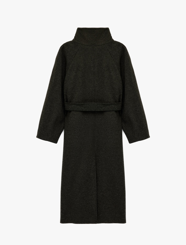  Uzun Kollu Cepli Kruvaze Dik Yaka Kemerli Uzun Kaşe Kaban