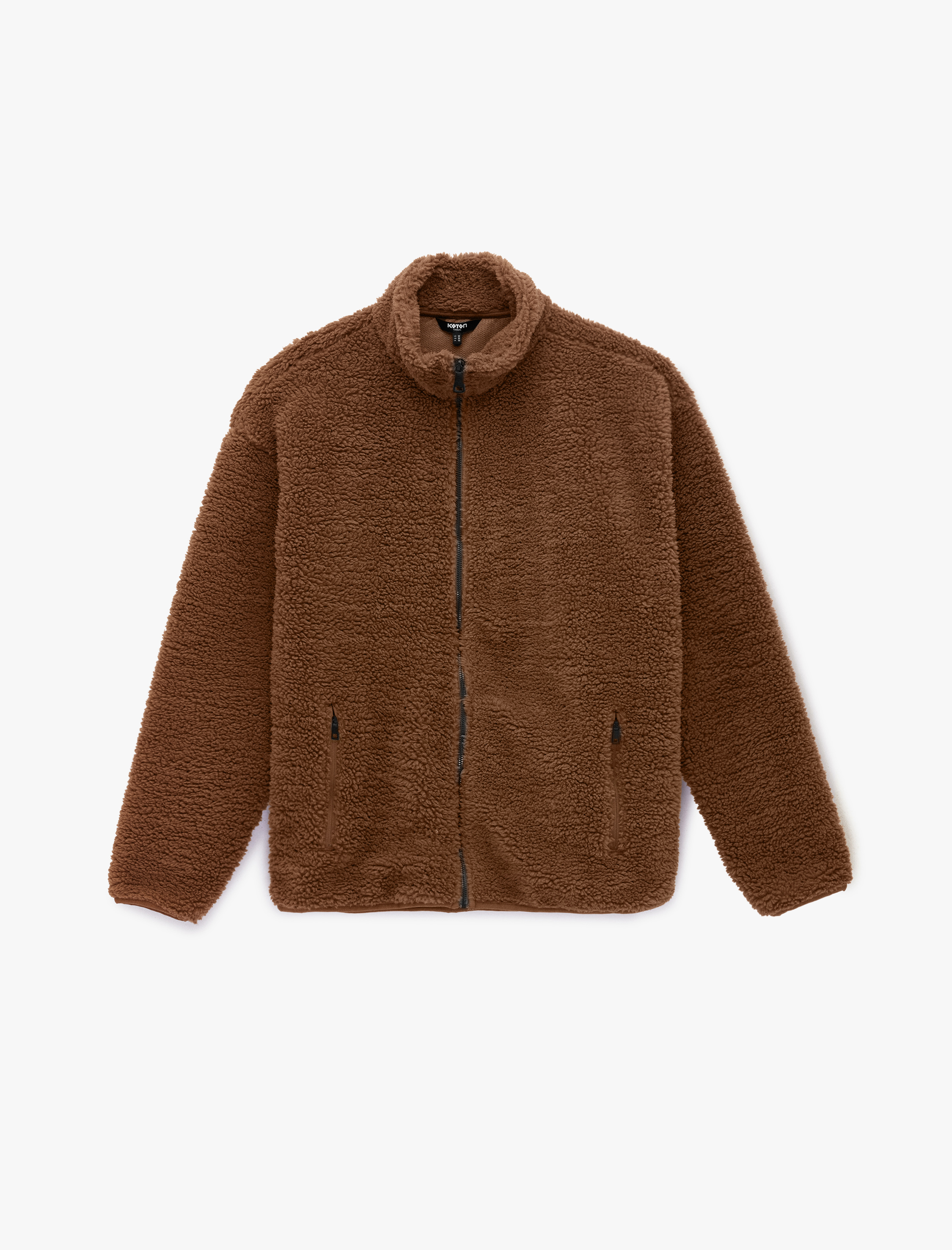   Uzun Kollu Fermuarlı Cepli Dik Yaka Peluş Ceket