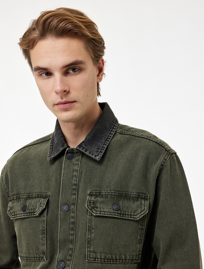  Rahat Kalıp Düğmeli Cepli Gömlek Yaka Jean Ceket