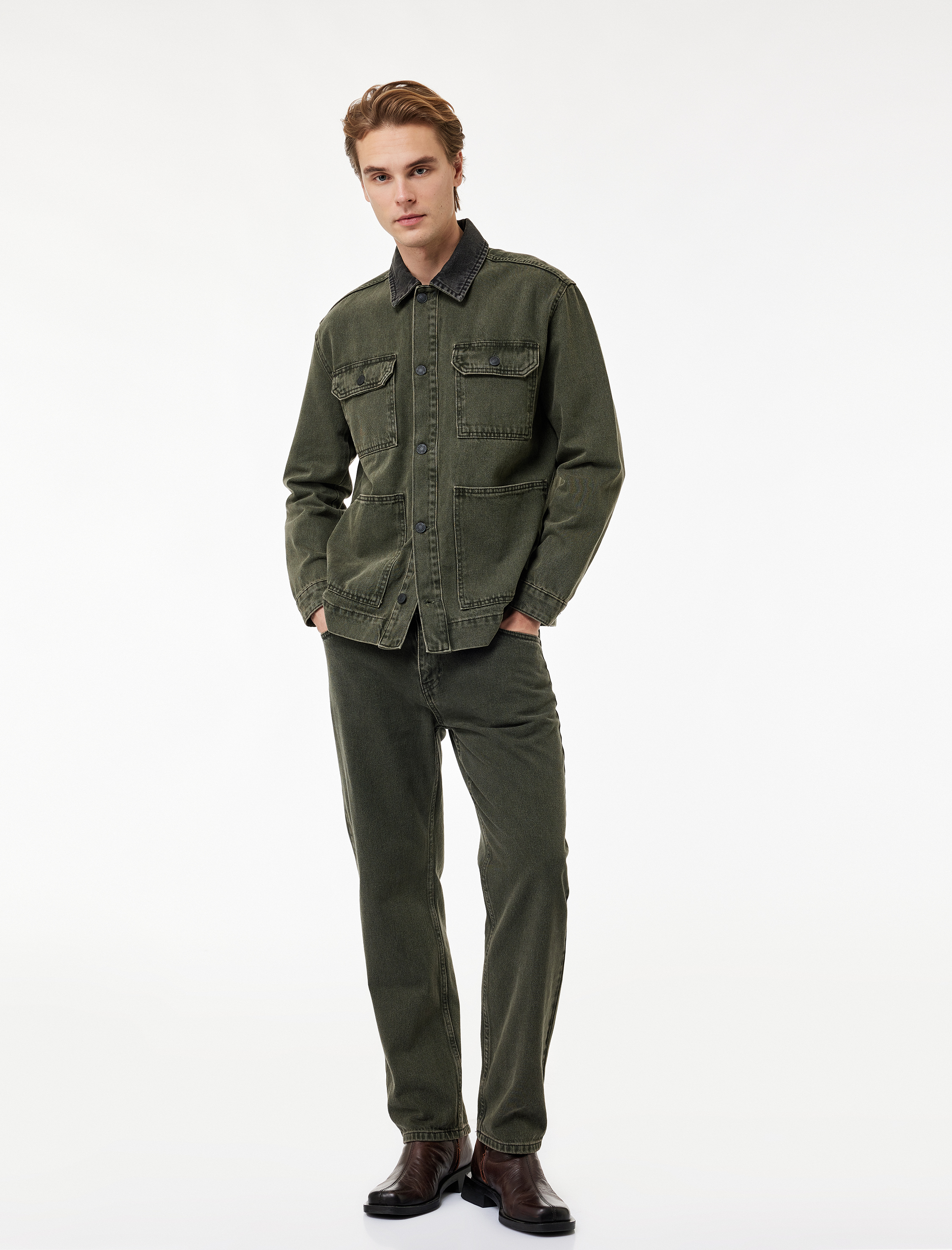   Rahat Kalıp Düğmeli Cepli Gömlek Yaka Jean Ceket