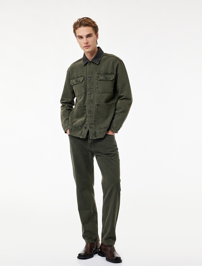  Rahat Kalıp Düğmeli Cepli Gömlek Yaka Jean Ceket