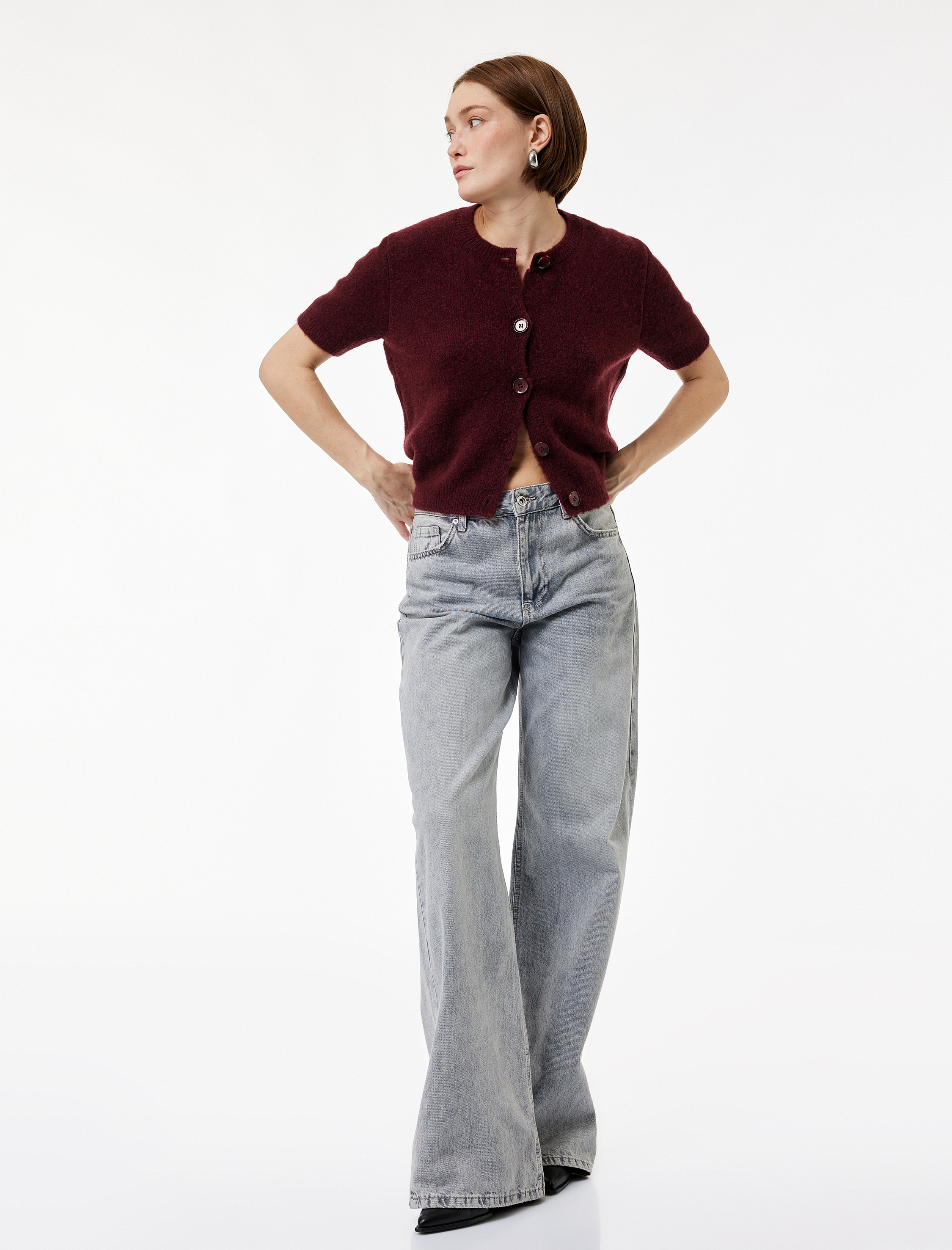   Bisiklet Yaka Düğmeli Kısa Kollu Triko Hırka