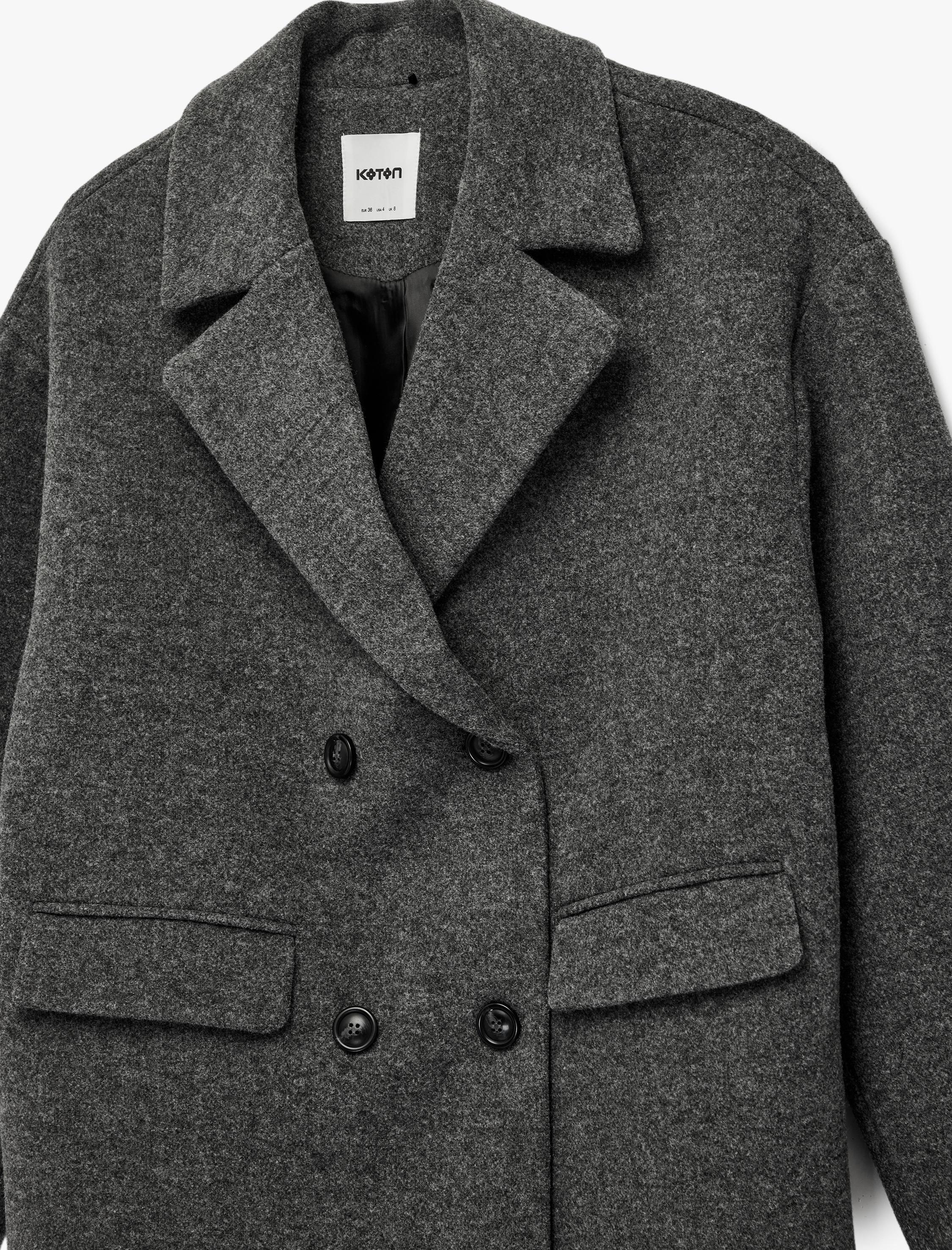   Uzun Kollu Düğmeli Cepli Kruvaze Kaşe Kaban