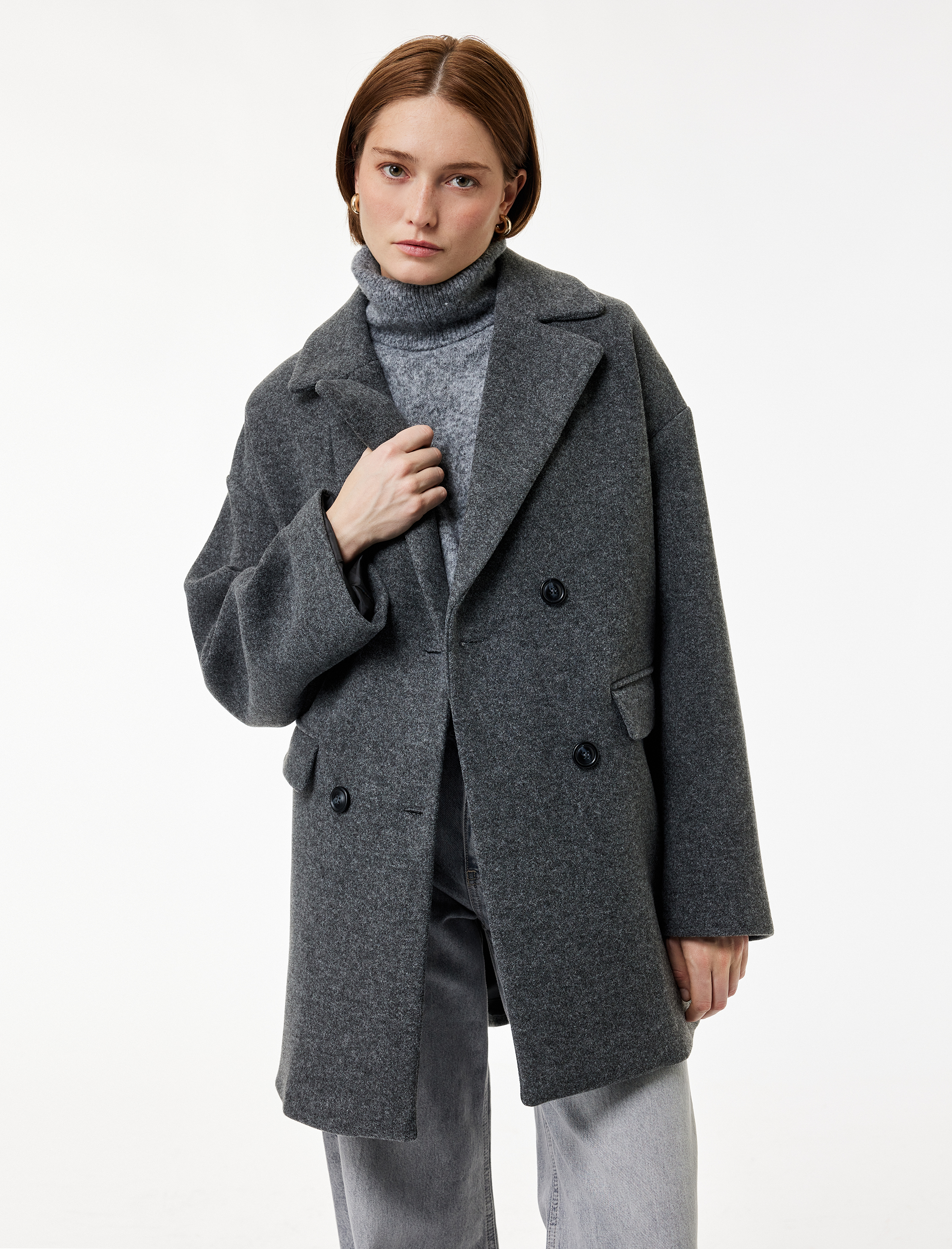   Uzun Kollu Düğmeli Cepli Kruvaze Kaşe Kaban