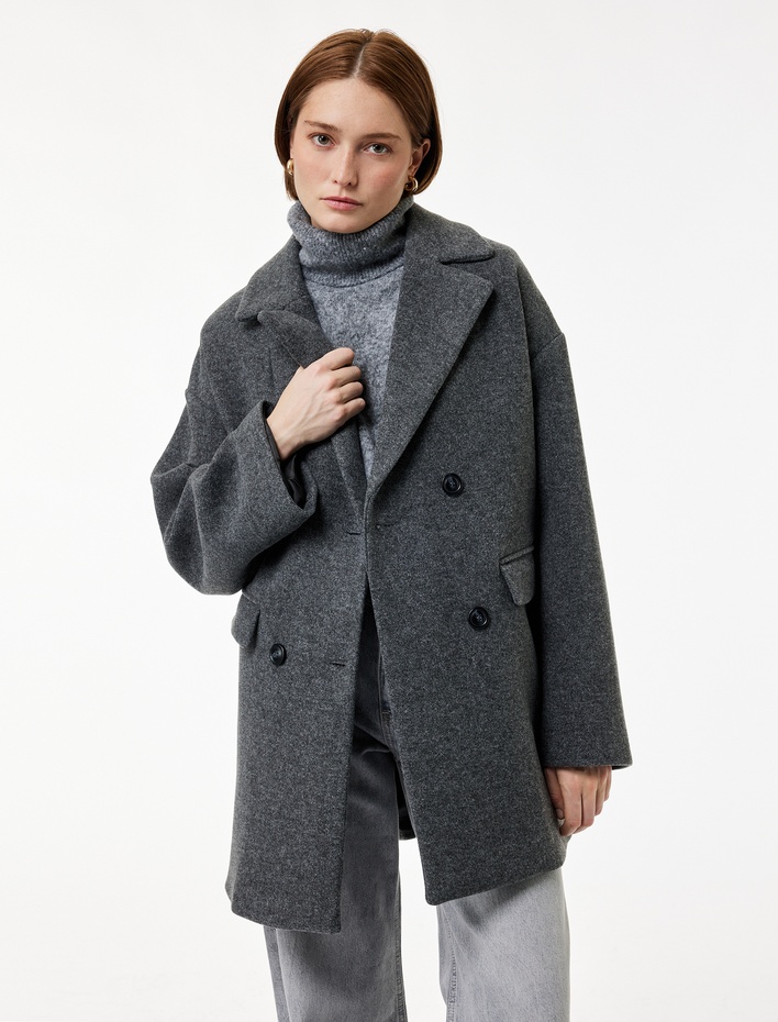  Uzun Kollu Düğmeli Cepli Kruvaze Kaşe Kaban