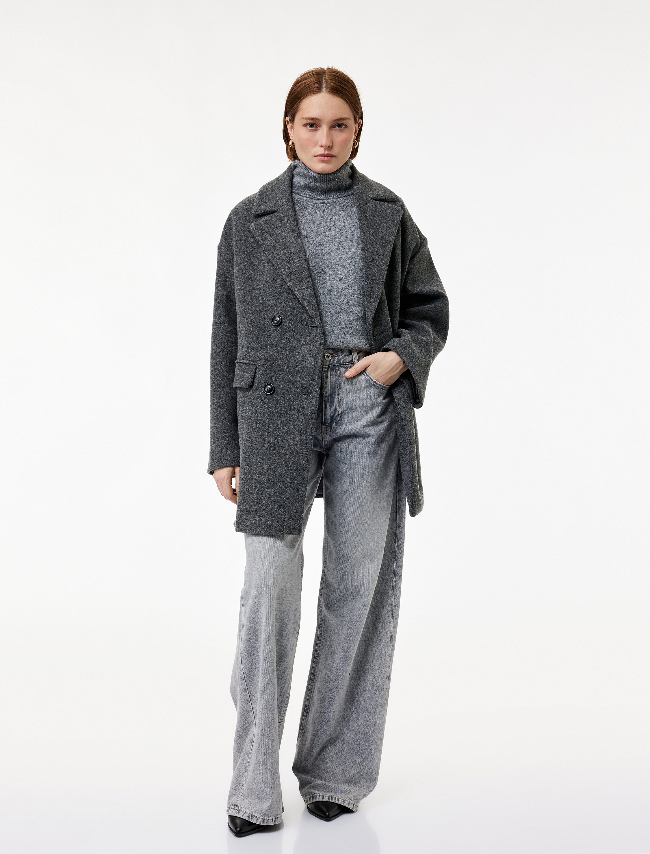   Uzun Kollu Düğmeli Cepli Kruvaze Kaşe Kaban