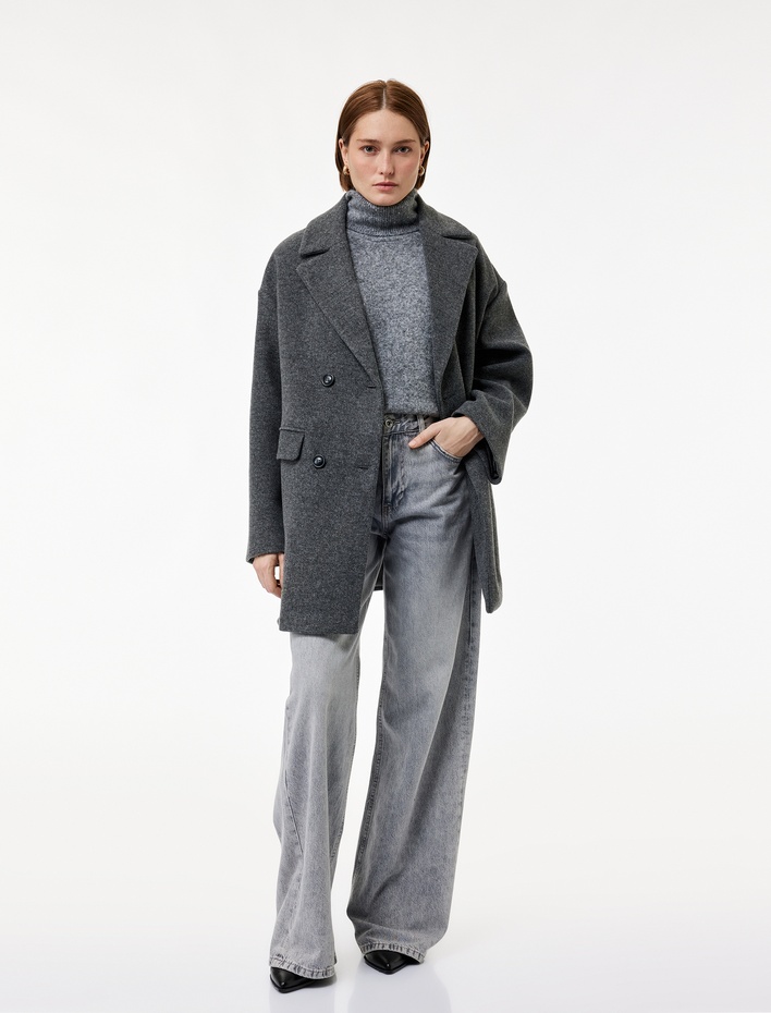  Uzun Kollu Düğmeli Cepli Kruvaze Kaşe Kaban