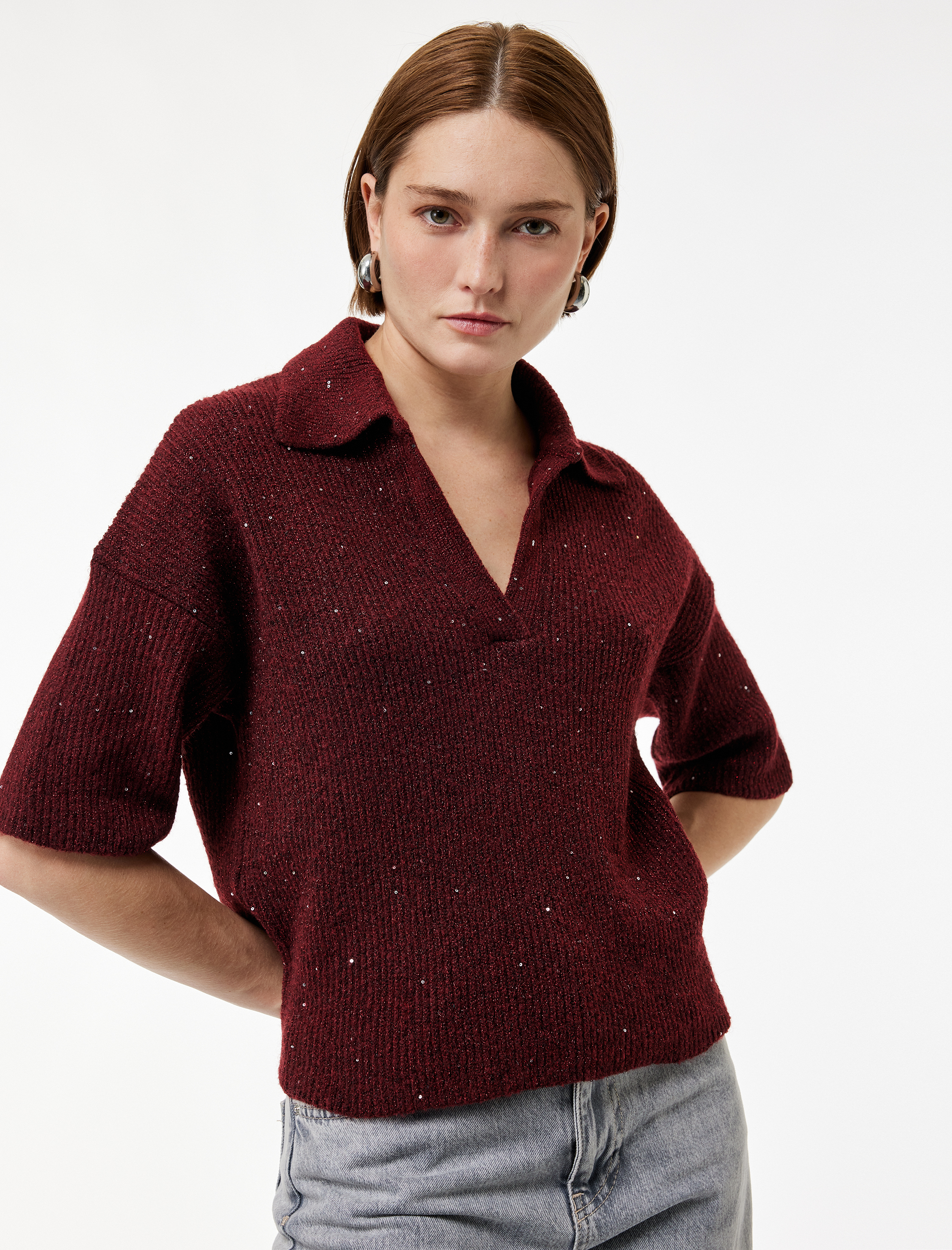   Kısa Kollu Pullu Parıltılı Polo Yaka Triko Kazak