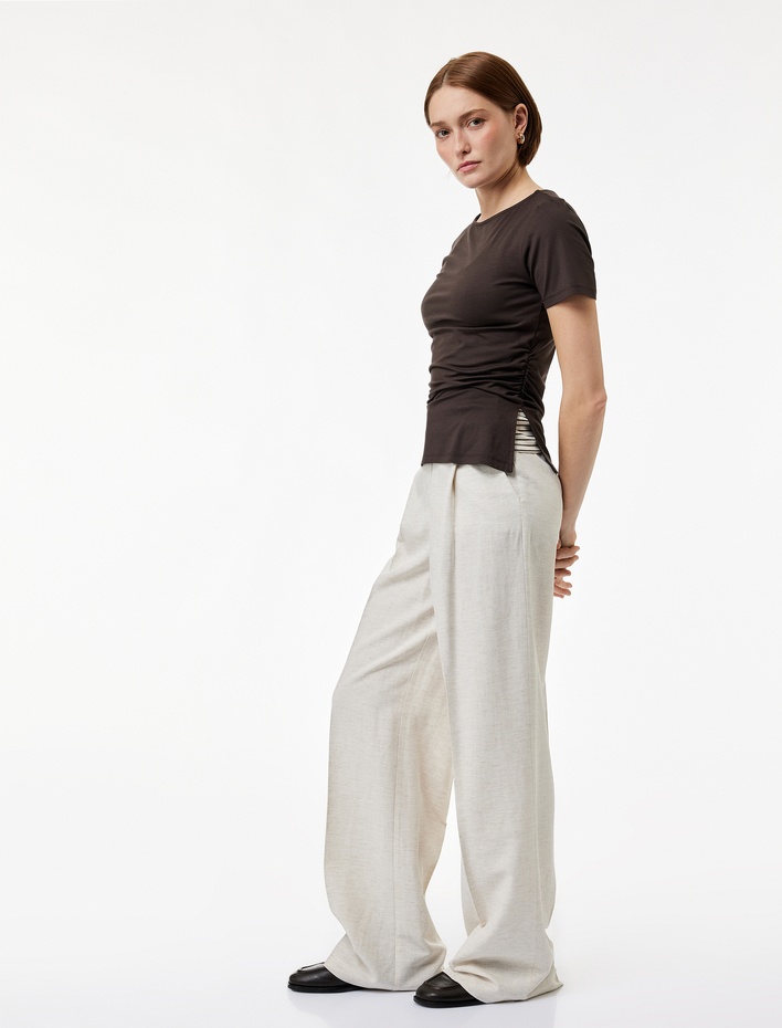  Pile Detaylı Cepli Keten Karışımlı Geniş Paça Pantolon