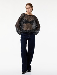 Kayık Yuvarlak Yaka Uzun Kollu Pullu Payetli Bluz