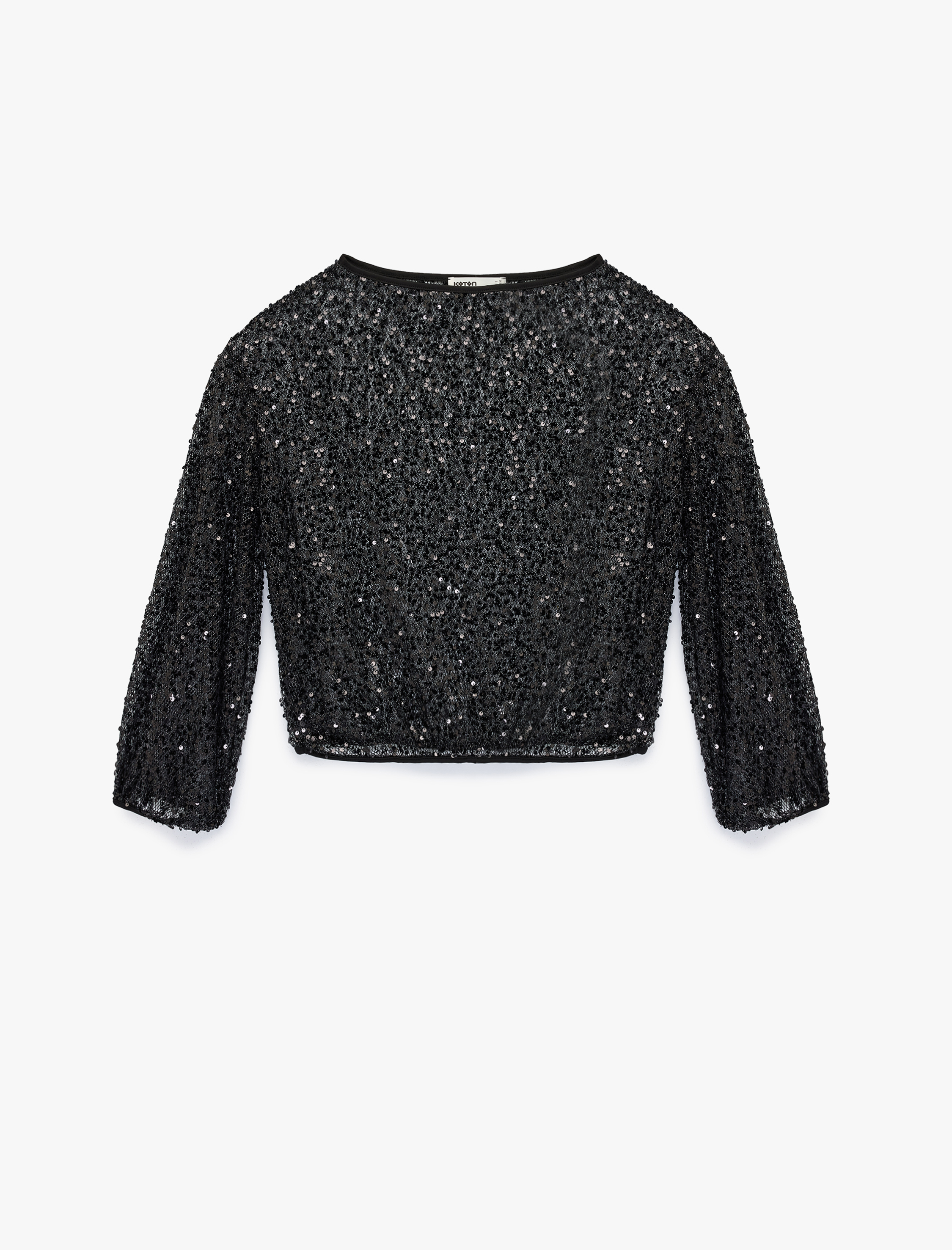   Kayık Yuvarlak Yaka Uzun Kollu Pullu Payetli Bluz