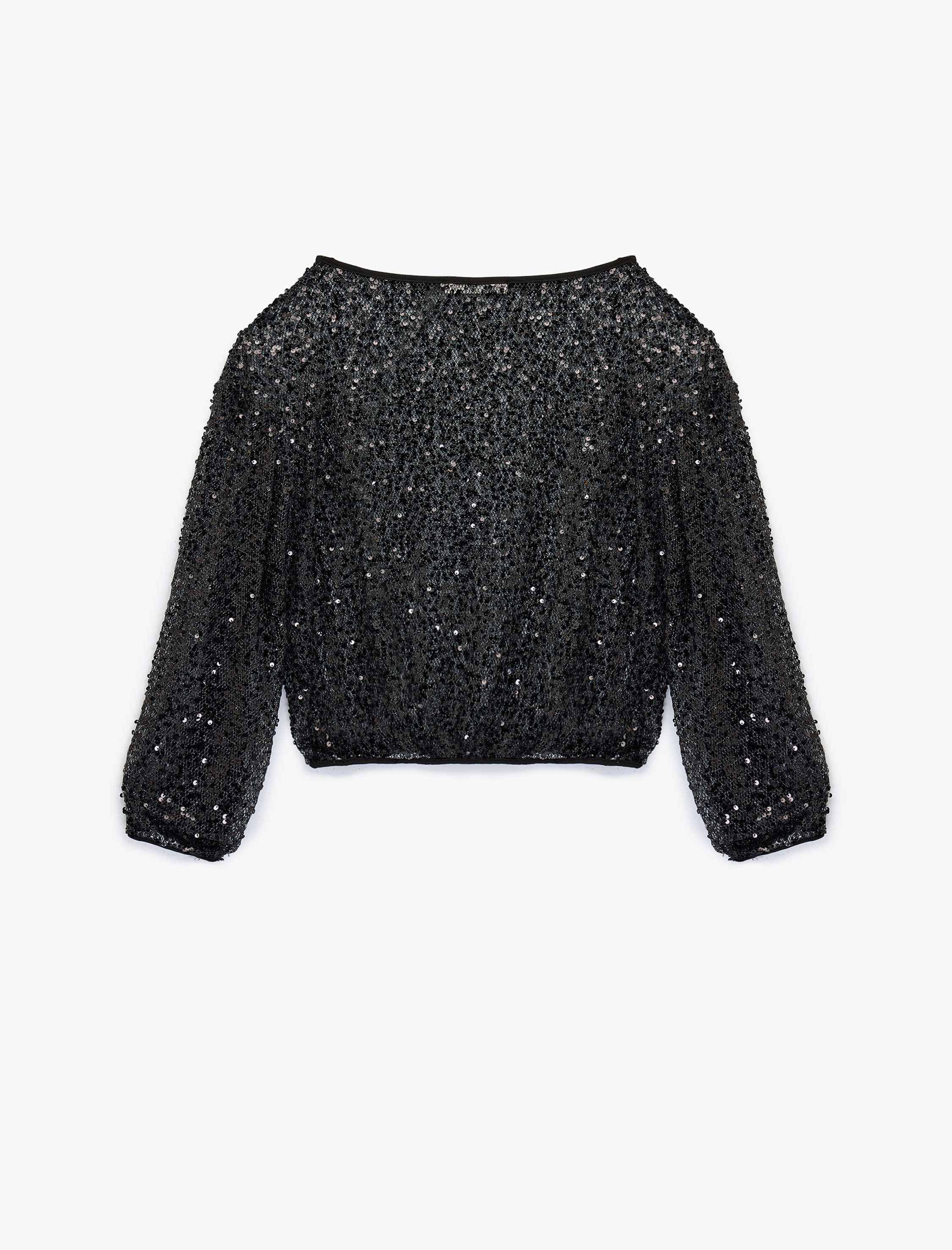   Kayık Yuvarlak Yaka Uzun Kollu Pullu Payetli Bluz