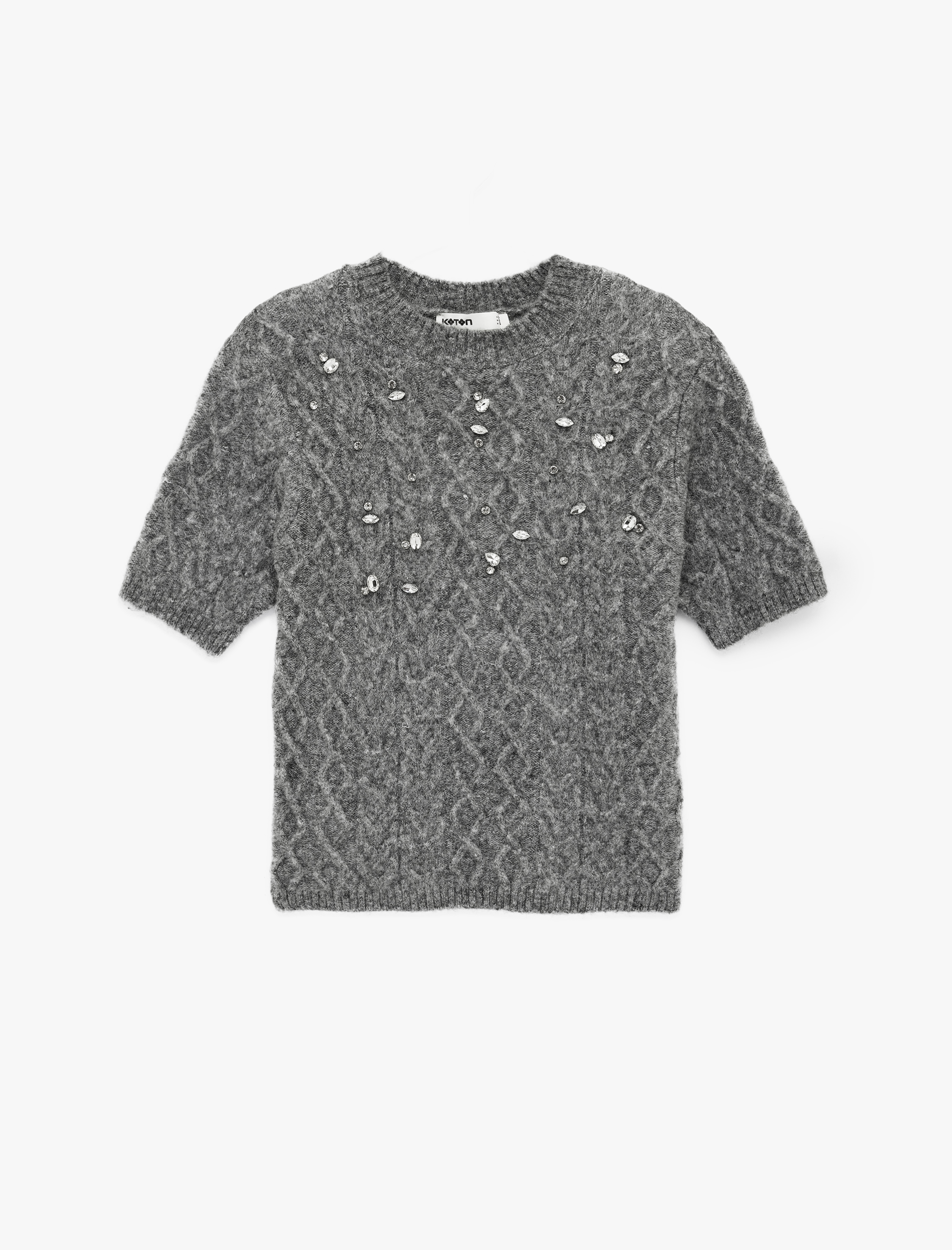   Bisiklet Yaka Kısa Kollu Taşlı Saç Örgü Kazak