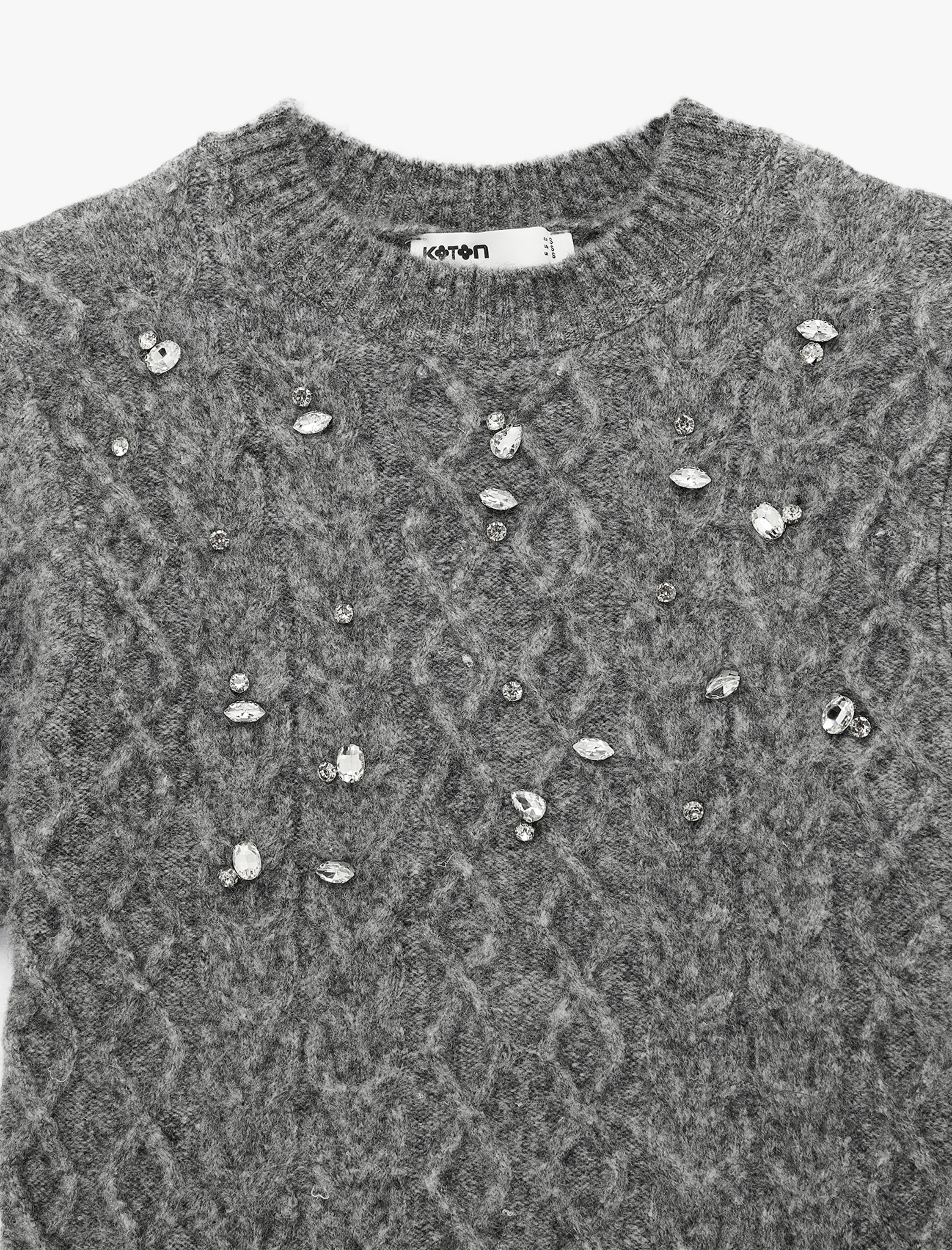   Bisiklet Yaka Kısa Kollu Taşlı Saç Örgü Kazak