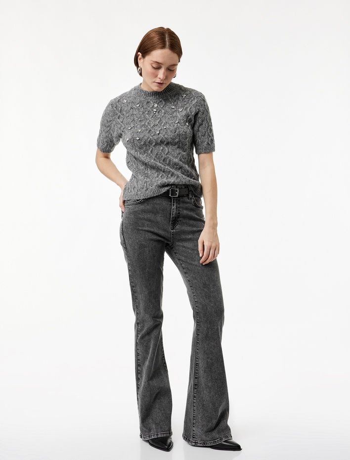  Bisiklet Yaka Kısa Kollu Taşlı Saç Örgü Kazak