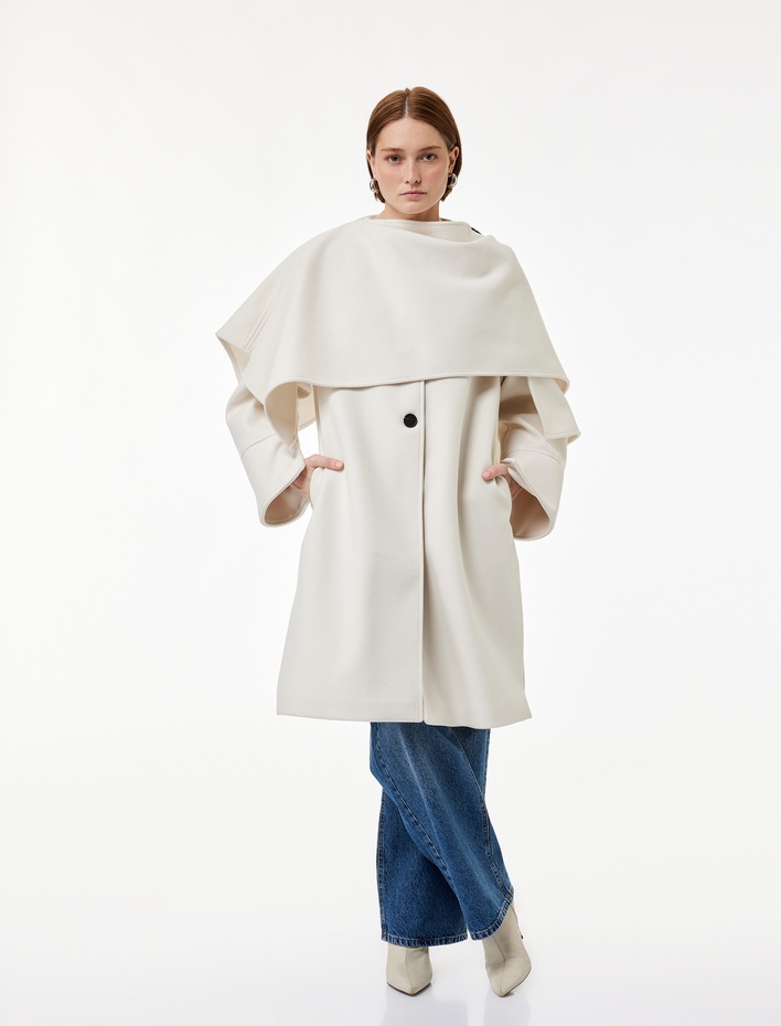  Oversize Kaşe Şal Yaka Kaban Uzun Kollu Düğmeli Cepli