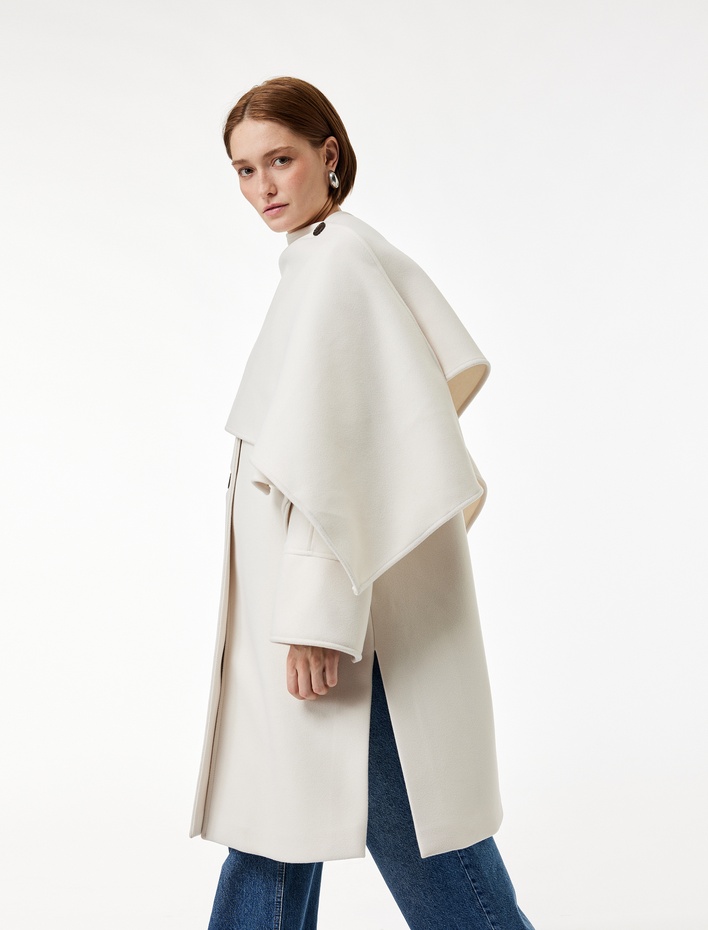  Oversize Kaşe Şal Yaka Kaban Uzun Kollu Düğmeli Cepli