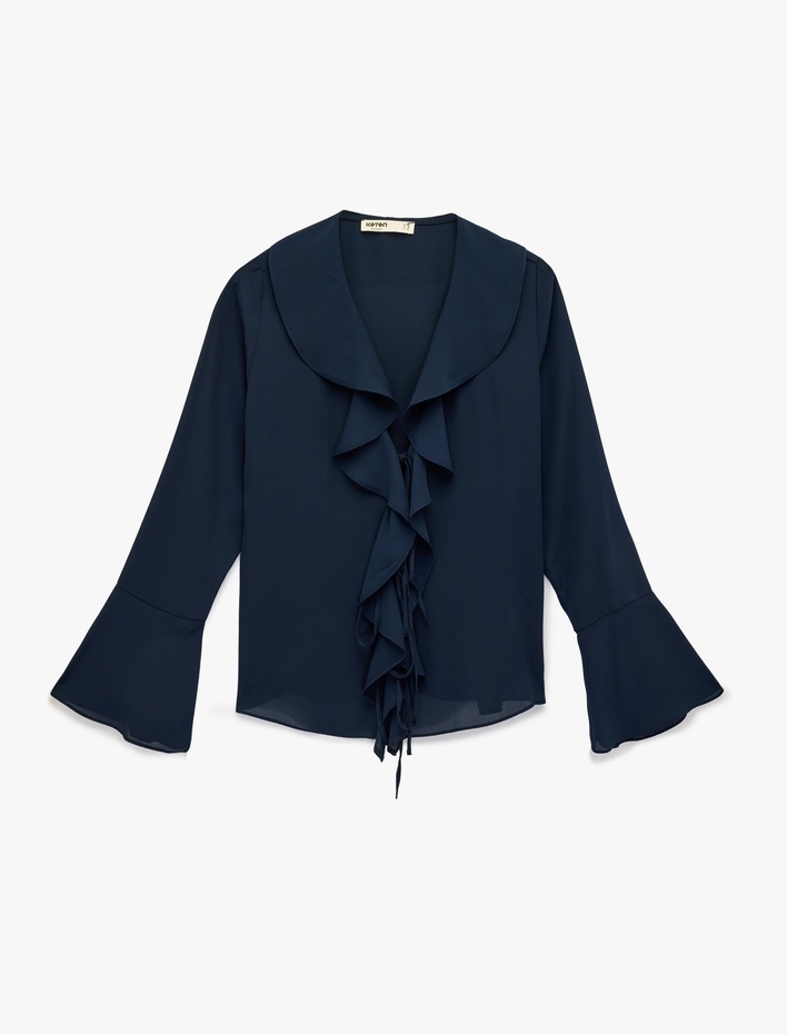  Uzun Kollu V Yaka Fırfır Detaylı Şifon Bluz