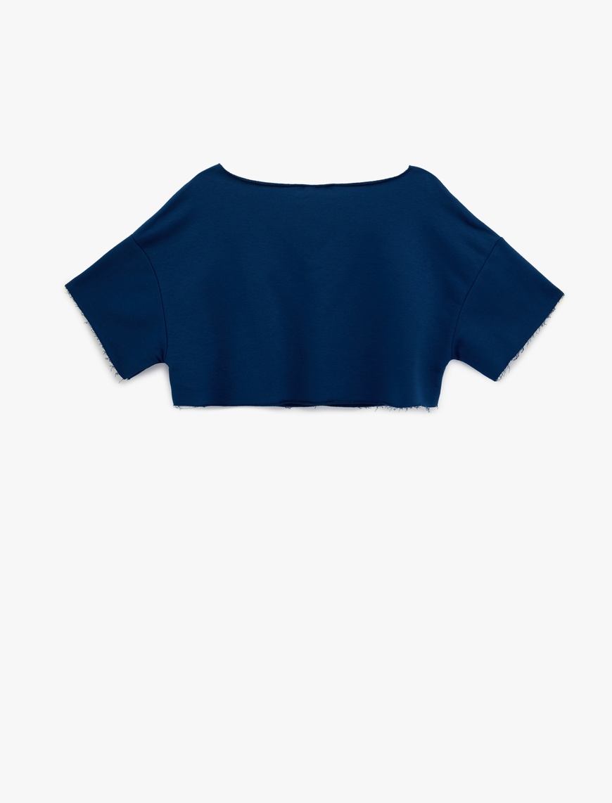 Lacivert Oversize Omzu Açık Kısa Kollu Baskılı Crop Tişört