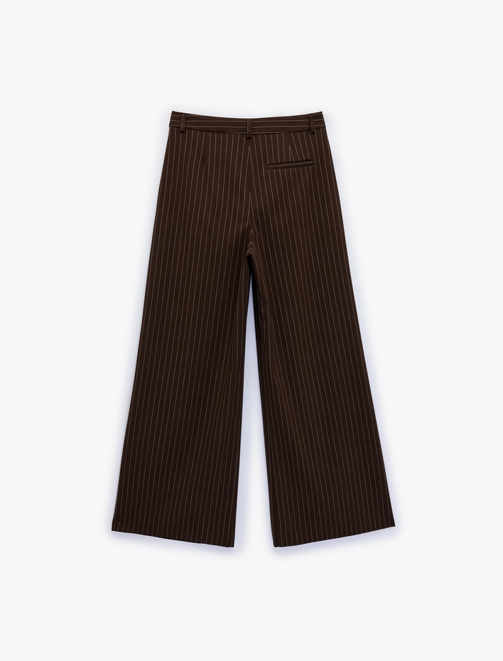  Pileli Viskon Karışımlı Geniş Paça Çizgili Pantolon