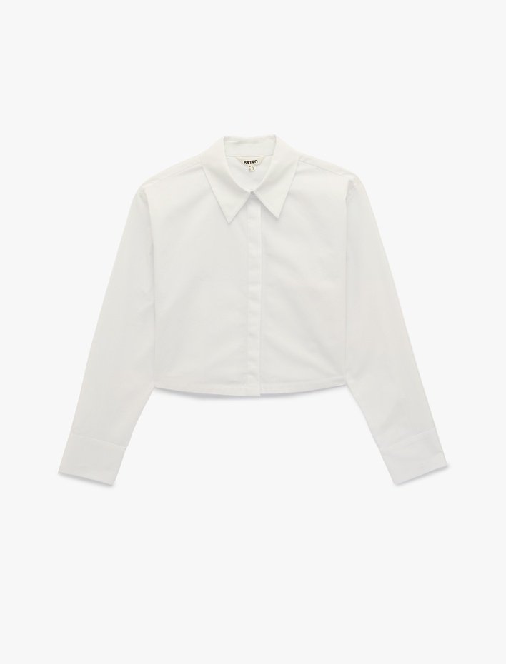  Regular Fit Uzun Kollu Klasik Yaka Crop Gömlek