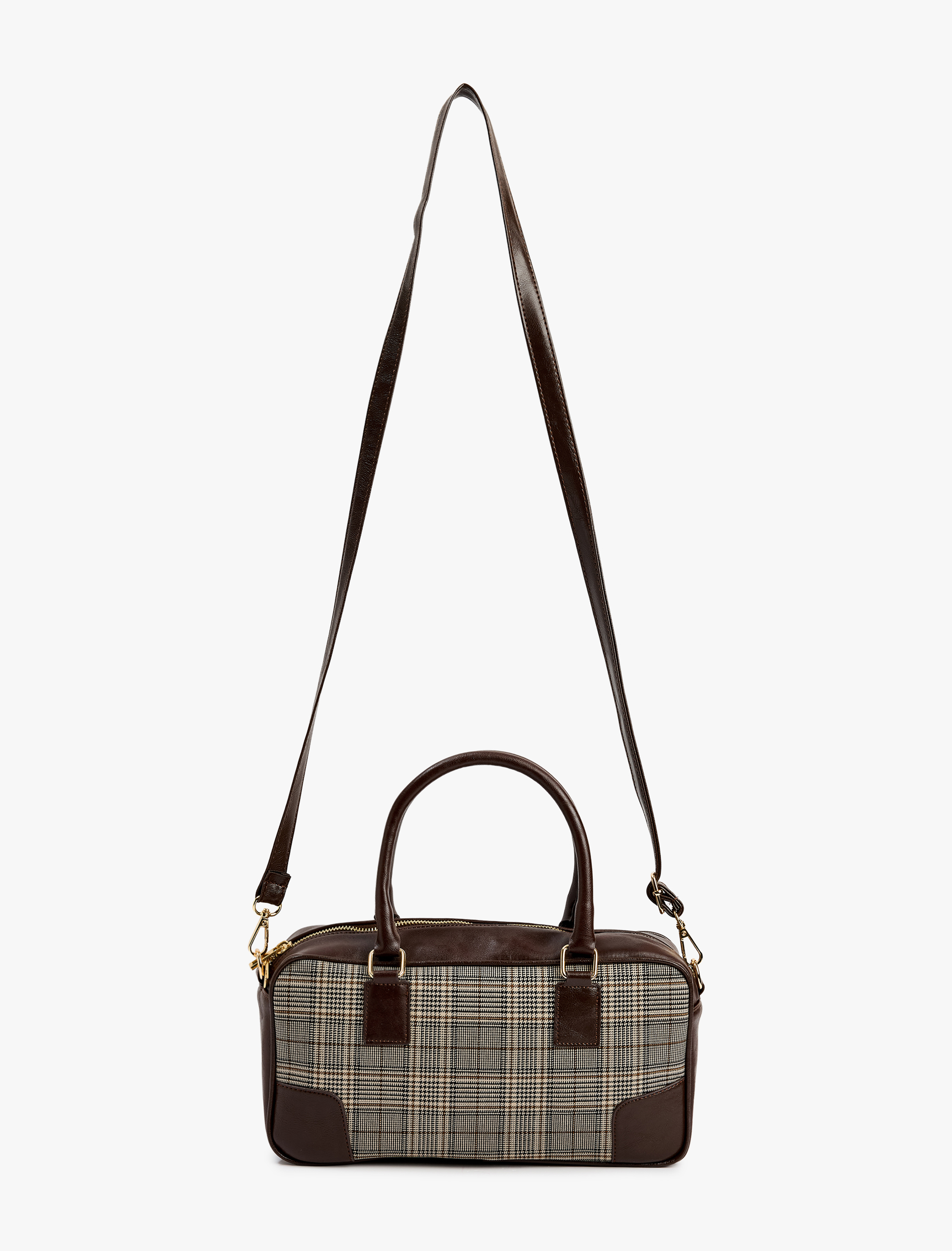  Kadın Suni Deri Detaylı Saplı Askılı Ekoseli Omuz Çantası