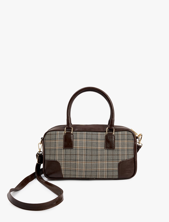 Kadın Suni Deri Detaylı Saplı Askılı Ekoseli Omuz Çantası