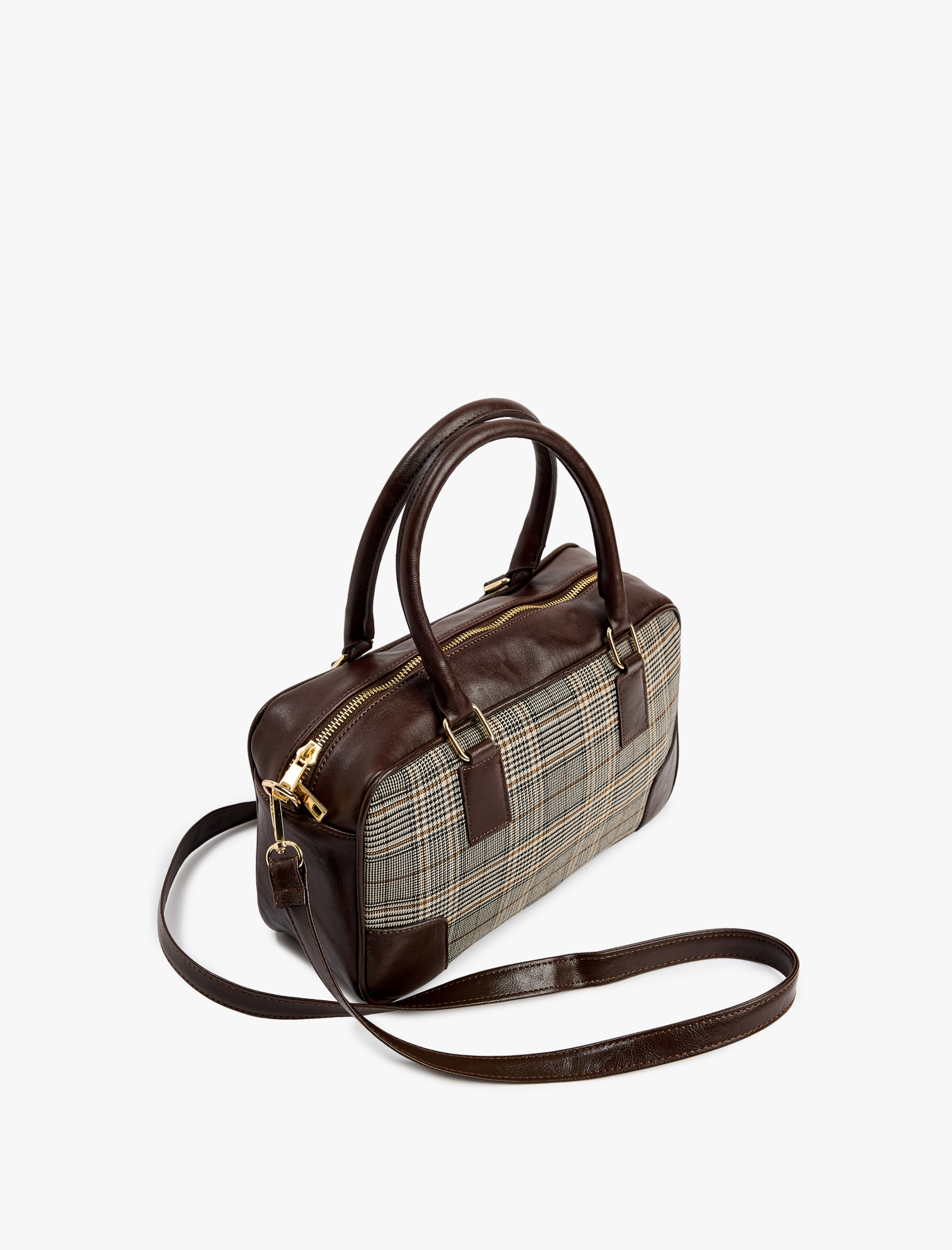  Kadın Suni Deri Detaylı Saplı Askılı Ekoseli Omuz Çantası