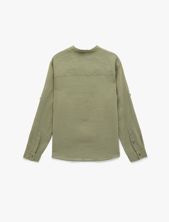  Regular Fit Uzun Kollu Düğmeli Hakim Yaka Keten Gömlek