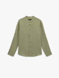 Regular Fit Uzun Kollu Düğmeli Hakim Yaka Keten Gömlek