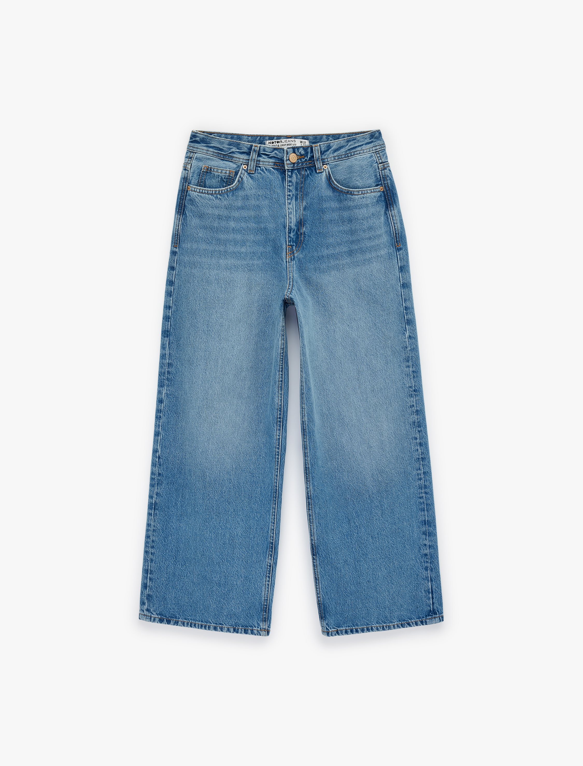   Kısa Geniş Paça Pamuklu Regular Fit Denim Pantolon -  Crop Wide Leg Jeans