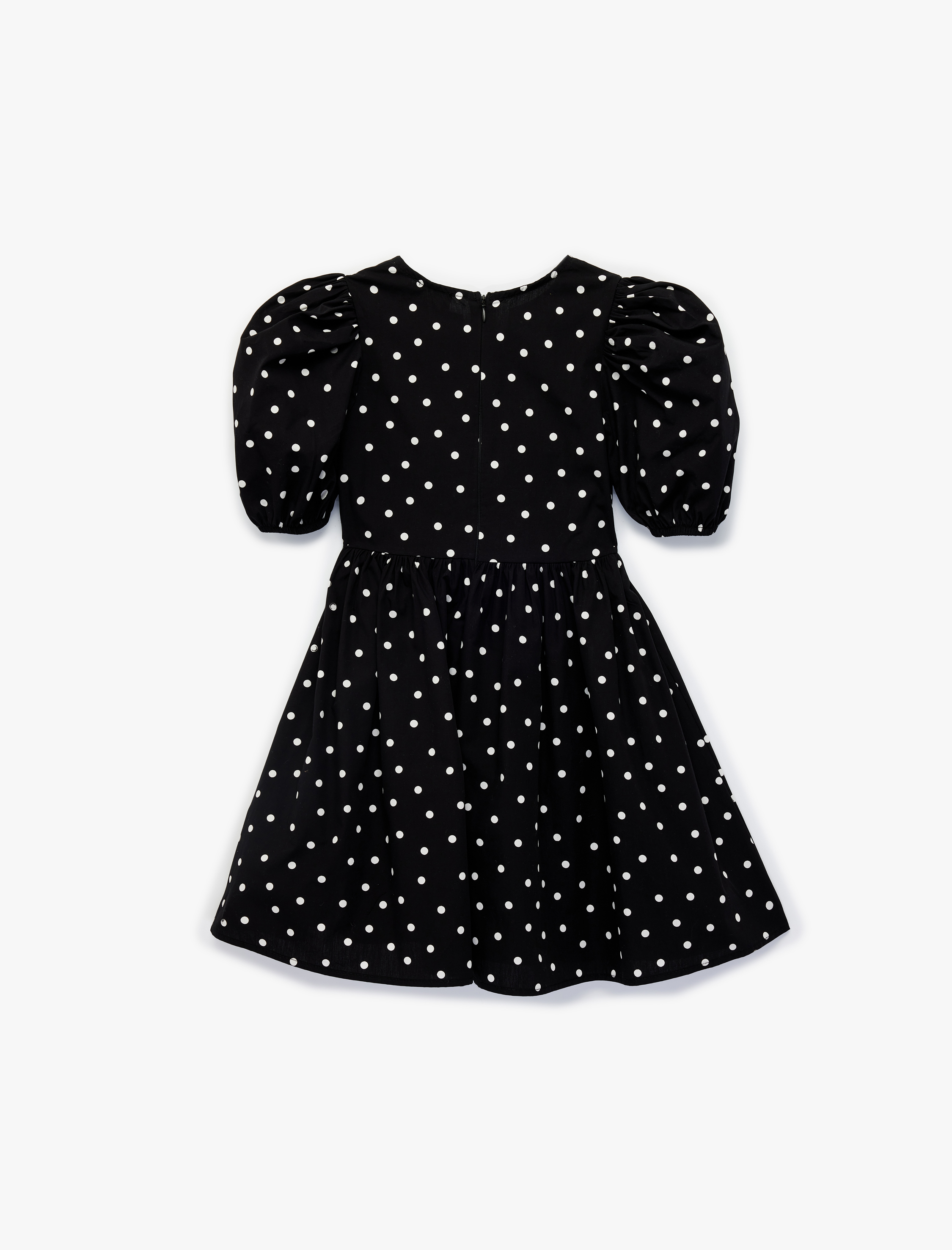  Kız Çocuk Bisiklet Yaka Balon Kollu Fiyonk Detaylı Pamuklu Puantiyeli Elbise