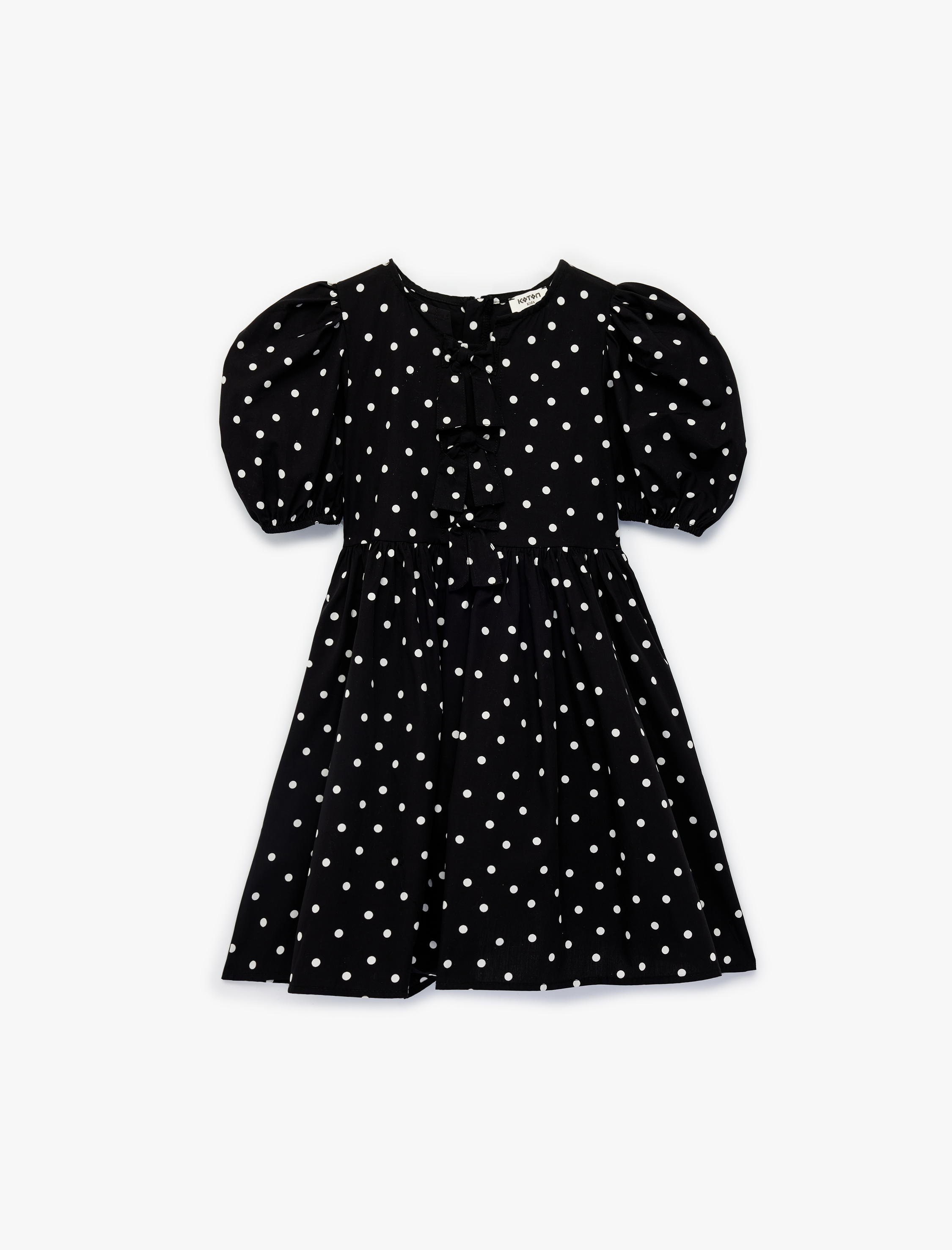  Kız Çocuk Bisiklet Yaka Balon Kollu Fiyonk Detaylı Pamuklu Puantiyeli Elbise