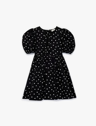 Bisiklet Yaka Balon Kollu Fiyonk Detaylı Pamuklu Puantiyeli Elbise