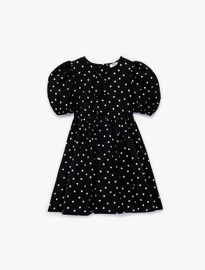 Kız Çocuk Bisiklet Yaka Balon Kollu Fiyonk Detaylı Pamuklu Puantiyeli Elbise