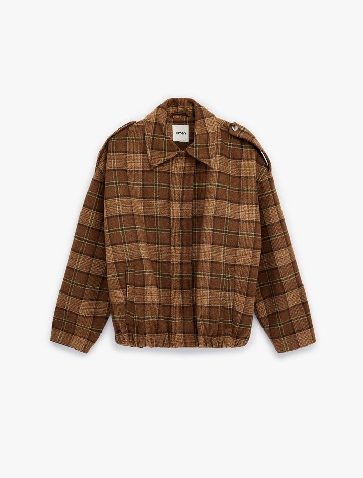  Uzun Kollu Cepli Gömlek Yaka Ekoseli Oversize Kaşe Ceket