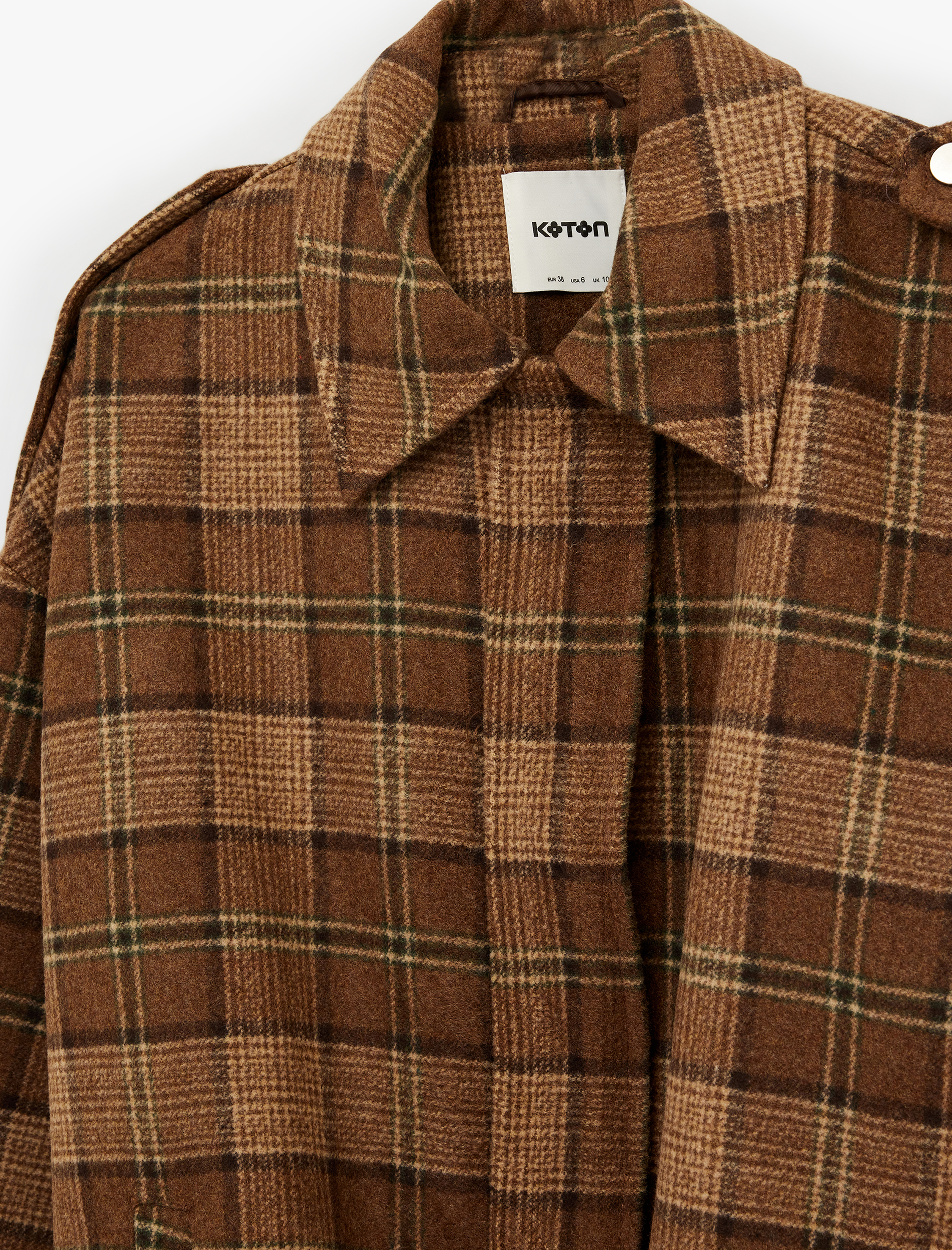   Uzun Kollu Cepli Gömlek Yaka Ekoseli Oversize Kaşe Ceket