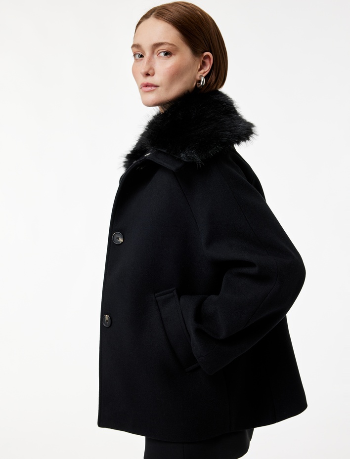  Çıkarılabilir Suni Kürk Yaka Kaşe Kaban Uzun Kollu Düğmeli